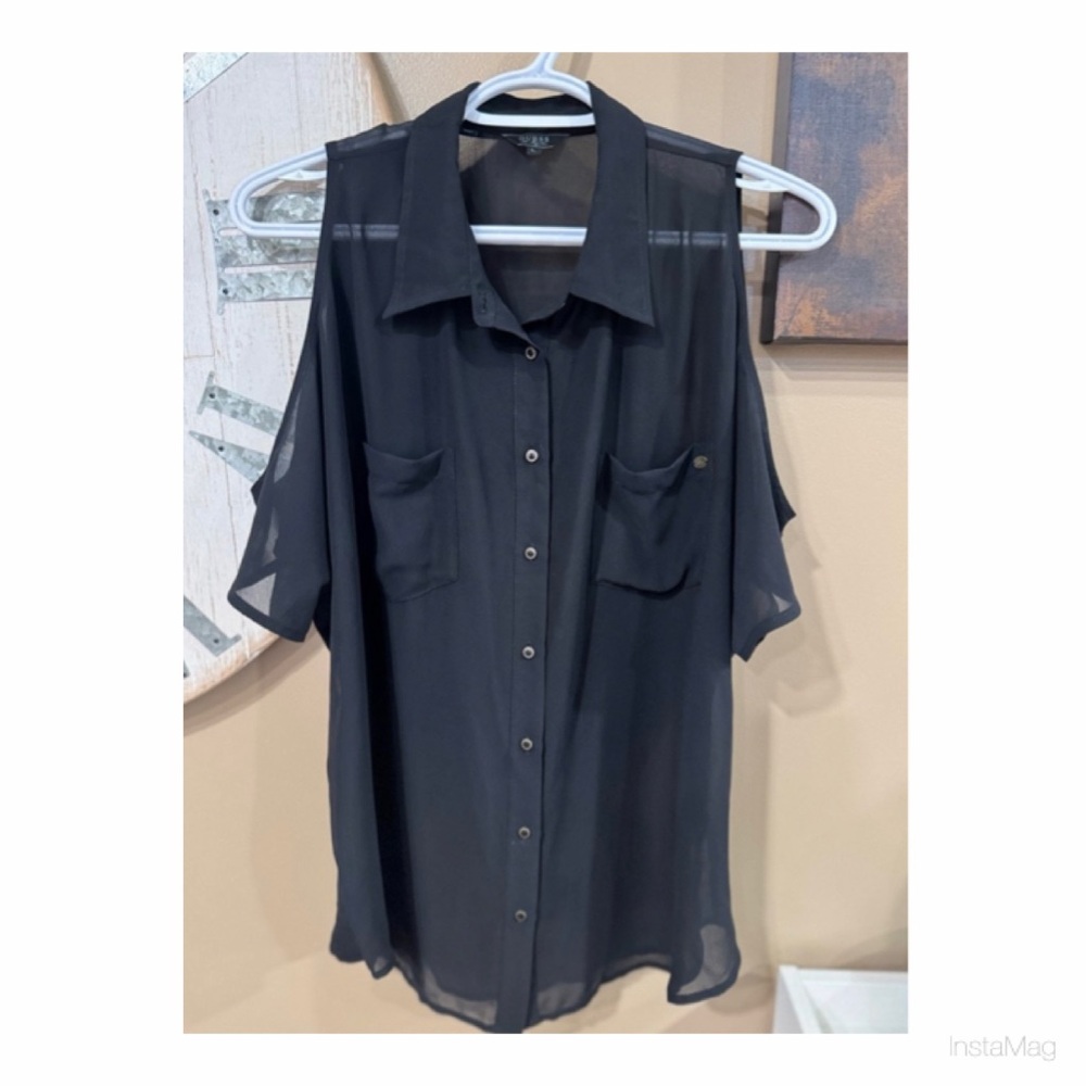 Guess Black Sheer Cold Shoulder Blouse Size Large